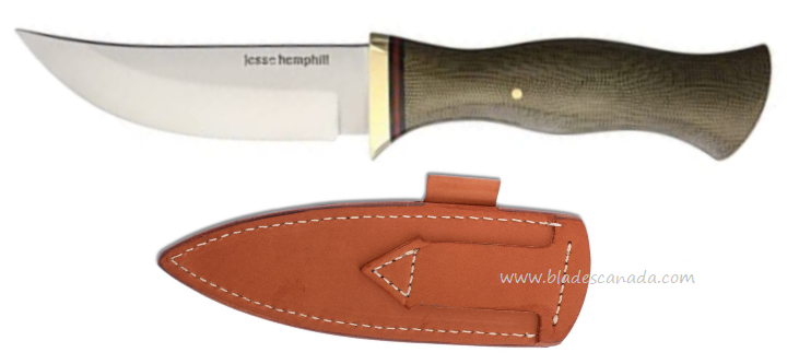 Jesse Hemphill High Falls II Fixed Blade Knife, A2 Steel, Micarta Green, Leather Sheath, JH004G